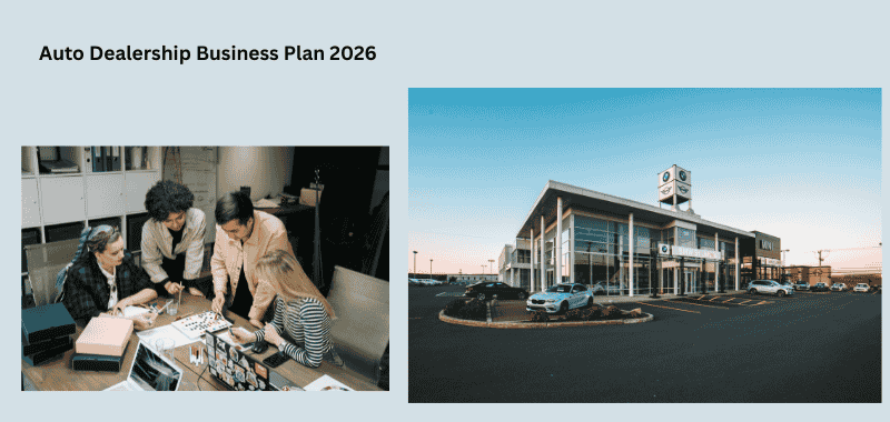 Auto dealership business plan 2026 with business planning team and modern automotive showroom