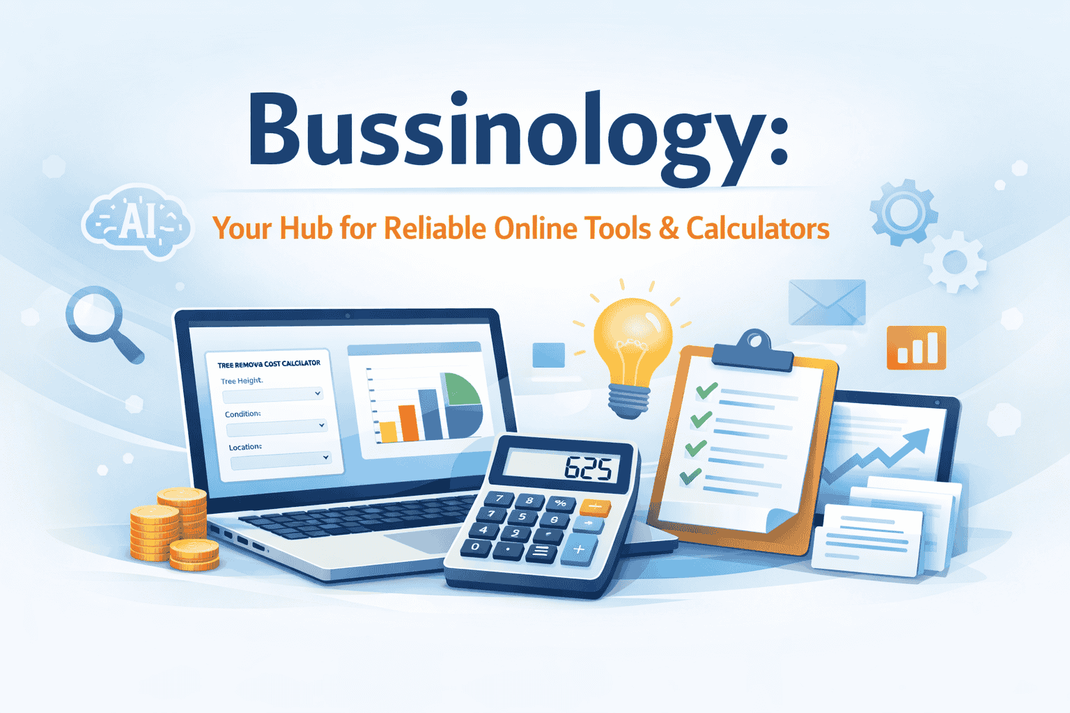 Bussinology online tools featured image showing a laptop with a Tree Removal Cost Calculator, calculator, charts, and business icons for reliable online tools and calculators.