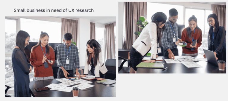 A small business team conducting UX research, discussing a user interface on a laptop or whiteboard.