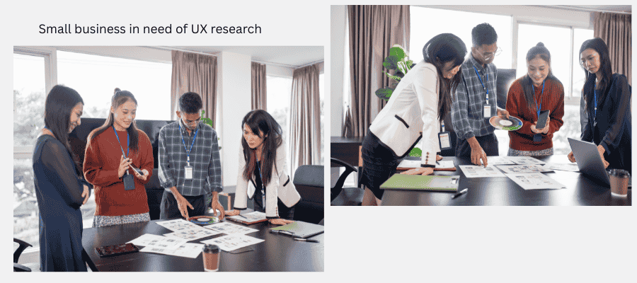 A small business team conducting UX research, discussing a user interface on a laptop or whiteboard.