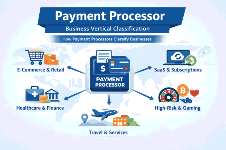 Payment processor classification showing different business verticals like e-commerce, SaaS, healthcare, gaming, and travel