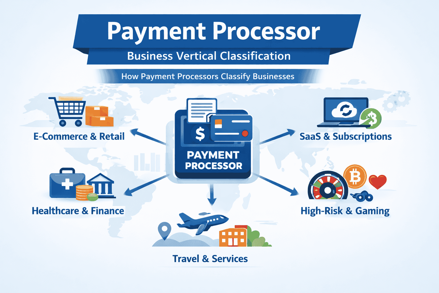 Payment processor classification showing different business verticals like e-commerce, SaaS, healthcare, gaming, and travel