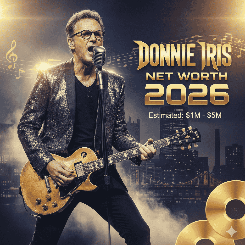 Donnie Iris Net Worth 2026 featured image showing the rock singer performing with a guitar and microphone against a Pittsburgh skyline, with gold records and an estimated net worth of $1M - $5M