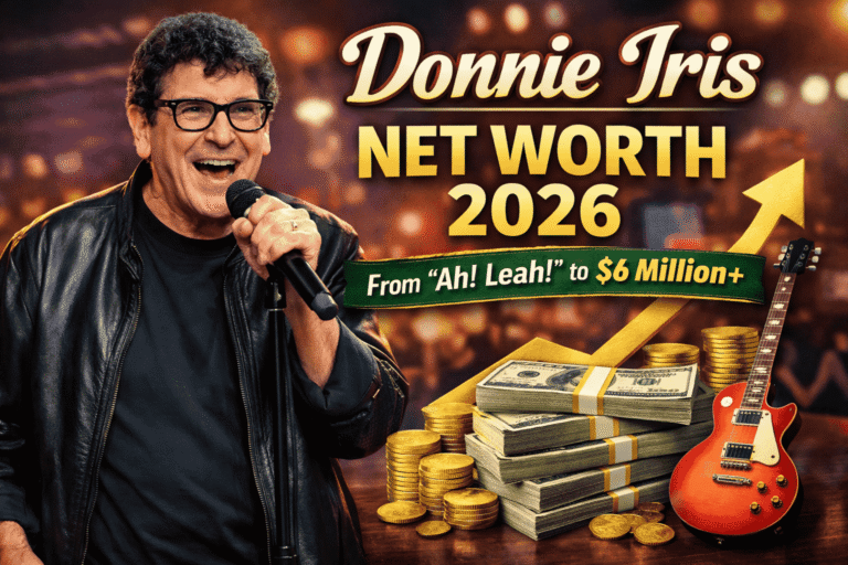 Donnie Iris performing live with microphone, text overlay showing 'Donnie Iris Net Worth 2026', stacks of cash, gold coins, guitar, and an upward arrow representing earnings from hits like 'Ah! Leah!'.
