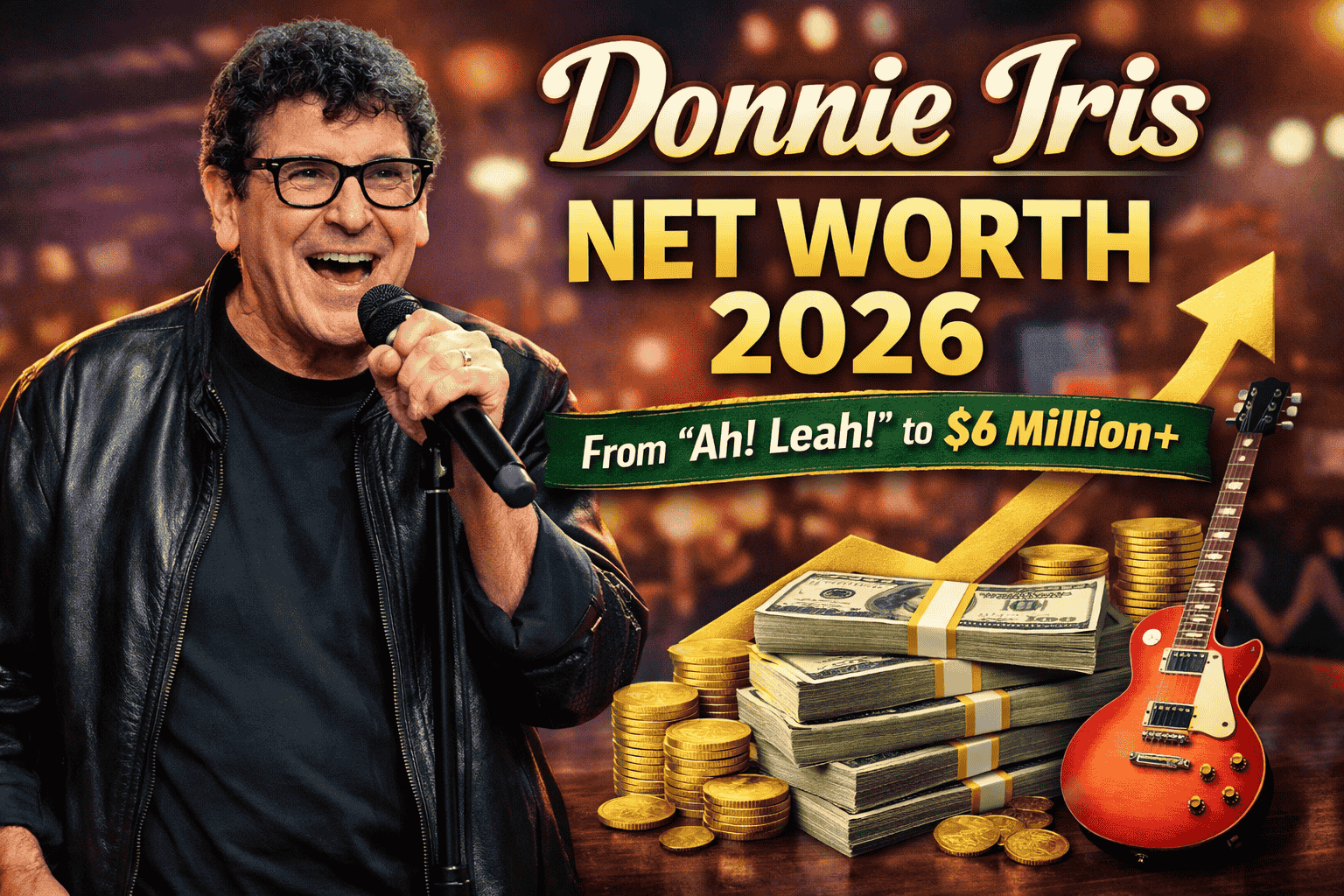 Donnie Iris performing live with microphone, text overlay showing 'Donnie Iris Net Worth 2026', stacks of cash, gold coins, guitar, and an upward arrow representing earnings from hits like 'Ah! Leah!'.