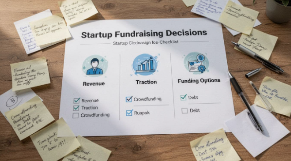 A white document titled "Startup Fundraising Decisions" on a wooden desk, surrounded by handwritten sticky notes and pens, featuring icons for Revenue, Traction, and Funding Options.