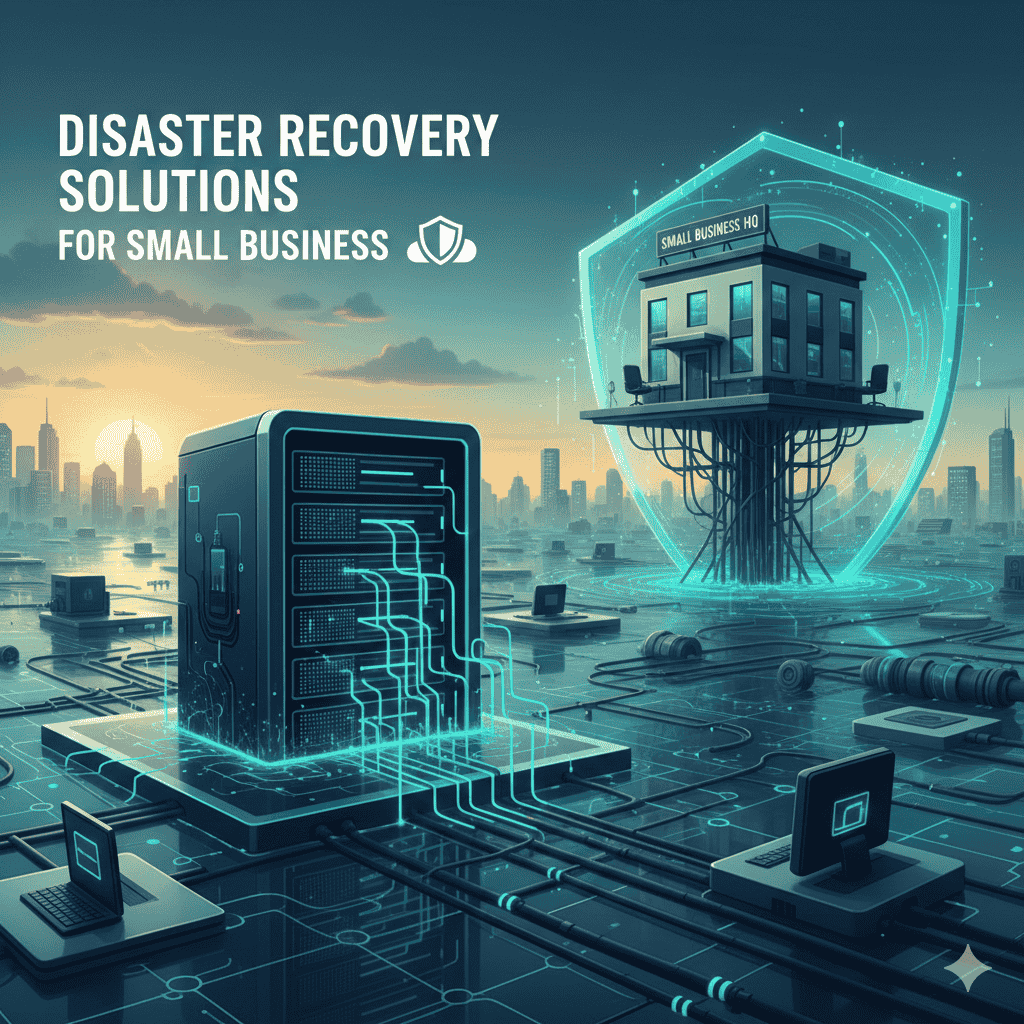A conceptual 3D digital illustration of a small business building protected by a glowing blue digital shield, connected to a secure data server and cloud infrastructure against a city skyline, symbolizing disaster recovery solutions.
