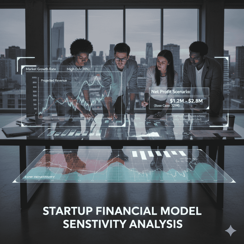 diverse startup team analyzing a digital financial model sensitivity analysis on a high-tech glass table, featuring projected revenue graphs and net profit scenarios for business forecasting