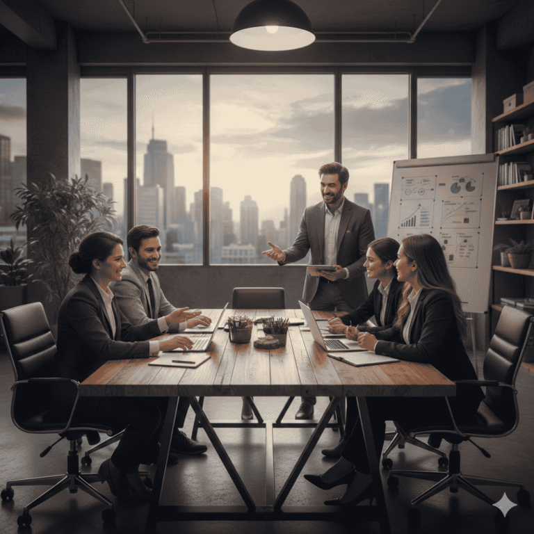 Startup team collaborating with a fractional CFO in a modern office setting.