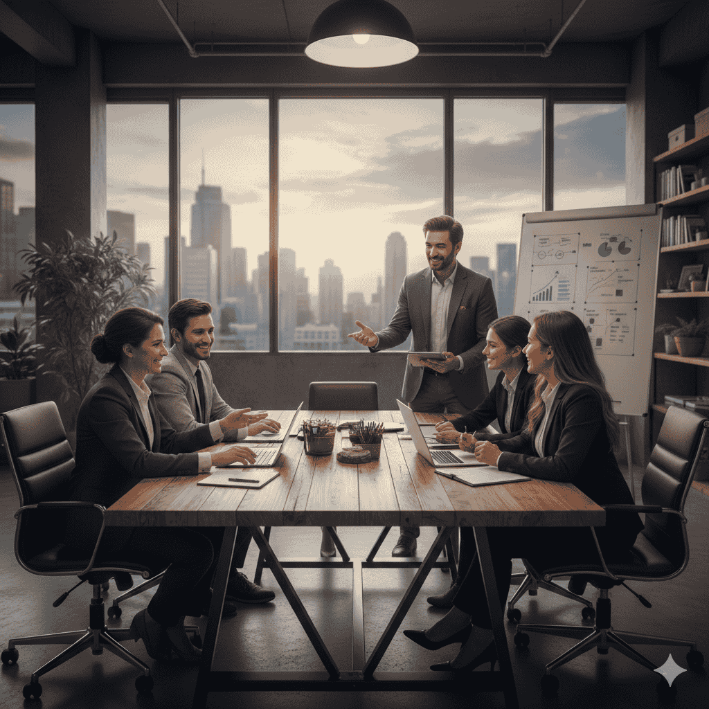 Startup team collaborating with a fractional CFO in a modern office setting.