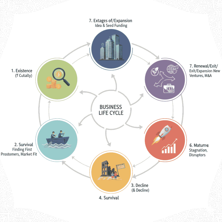 Diagram showing the seven stages of business growth from seed funding and market fit to maturity, expansion, or exit strategies.