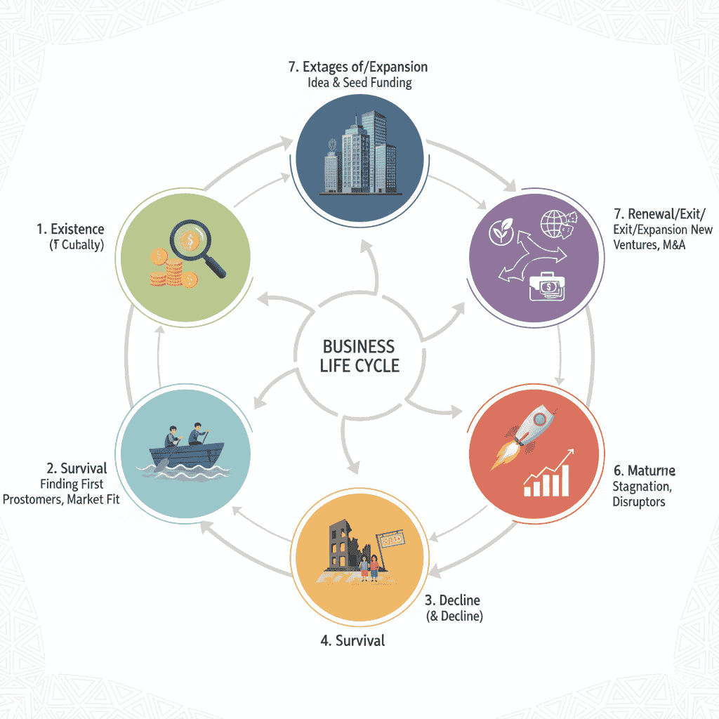 Diagram showing the seven stages of business growth from seed funding and market fit to maturity, expansion, or exit strategies.