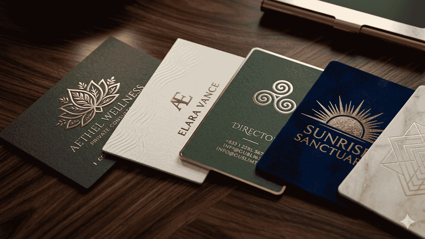 A collection of premium, luxury business cards for a wellness brand fanned out on a dark wood desk, featuring gold foil logos, embossed textures, and high-quality cardstock in forest green and navy blue.