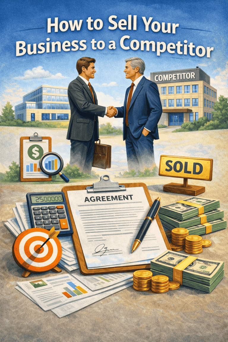 Two business owners shaking hands in front of office buildings, symbolizing the sale of a business to a competitor, with documents, cash, and a signed agreement in the foreground.