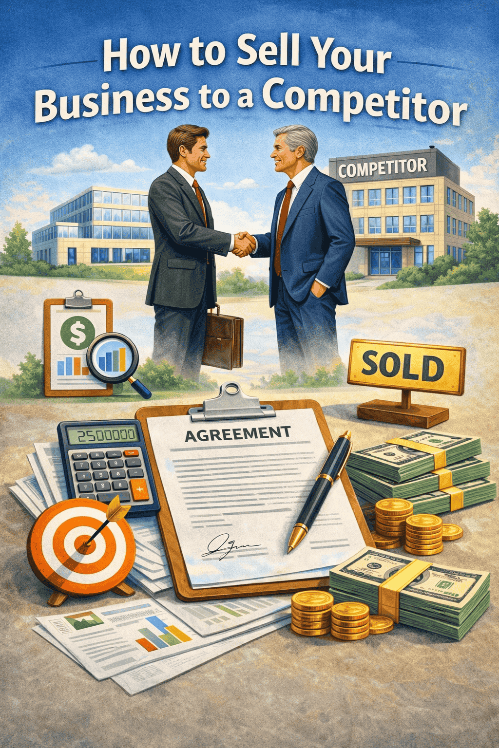 Two business owners shaking hands in front of office buildings, symbolizing the sale of a business to a competitor, with documents, cash, and a signed agreement in the foreground.