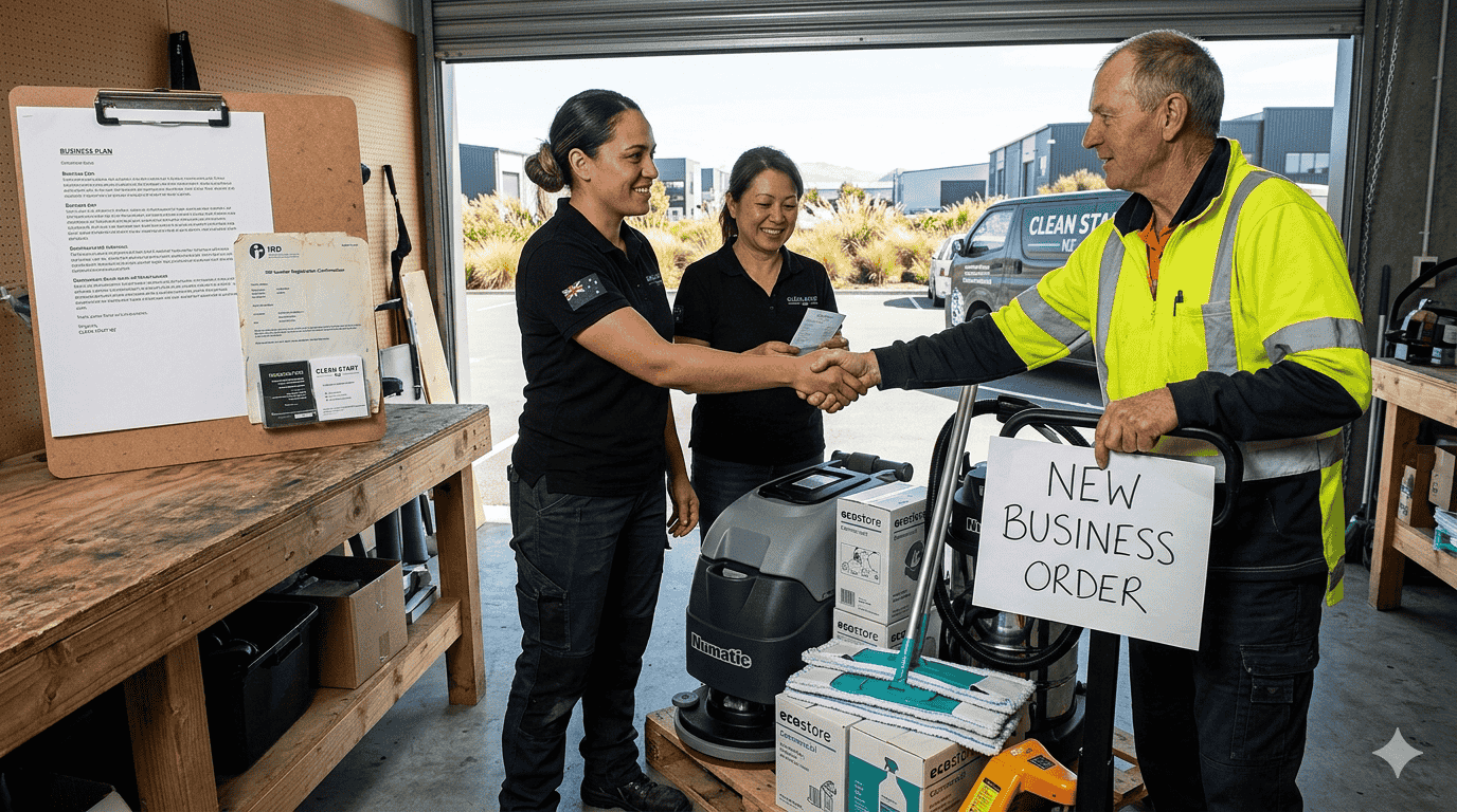 A professional cleaner in a New Zealand home with a business plan and eco-friendly supplies, representing the startup phase of a cleaning venture.