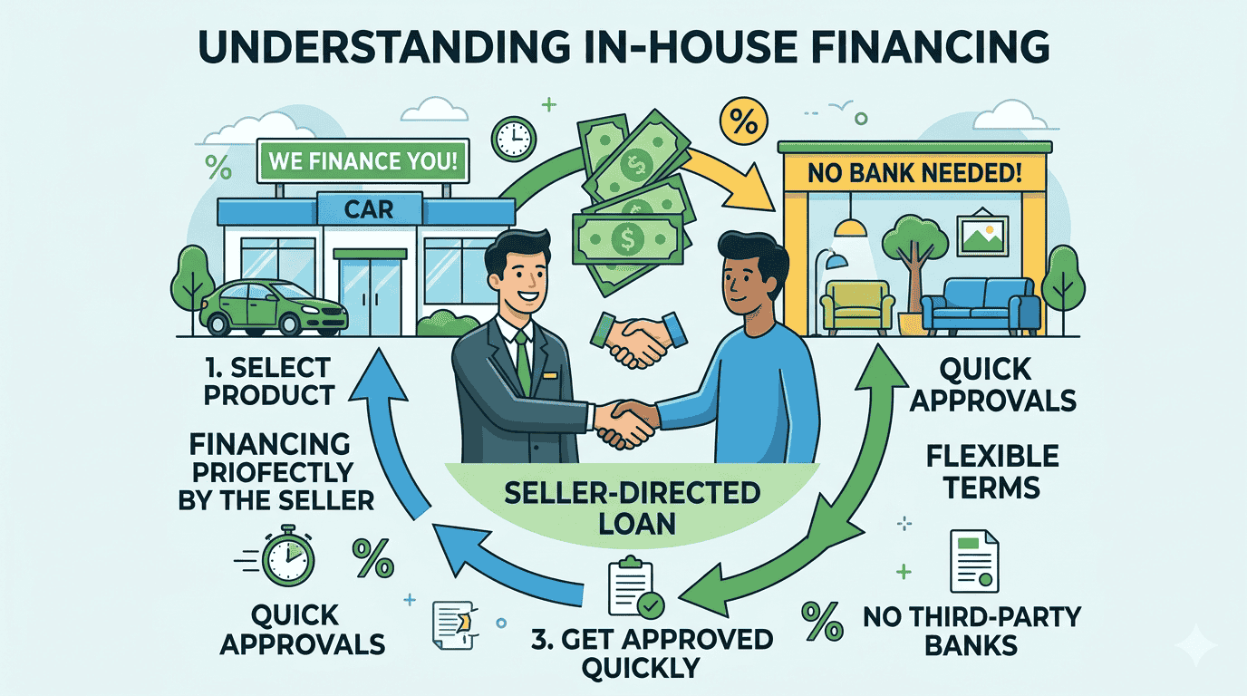Process diagram of in-house financing showing seller-directed loans, flexible terms, and quick approval cycles without third-party banks.