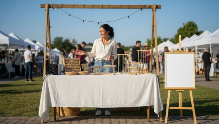 Woman selling handmade jewelry at an outdoor market stall with display stands and blank signboard.