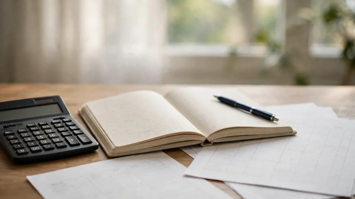A person writing a simple net worth worksheet at a wooden desk with a calculator and an open notebook in natural window light