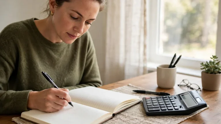 A person writing a monthly budget in a notebook at a desk.