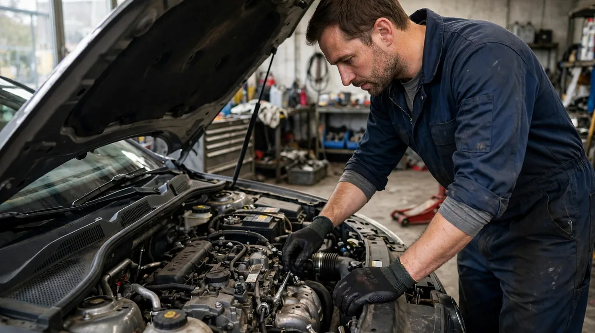 A mechanic checking a car engine in a workshop.