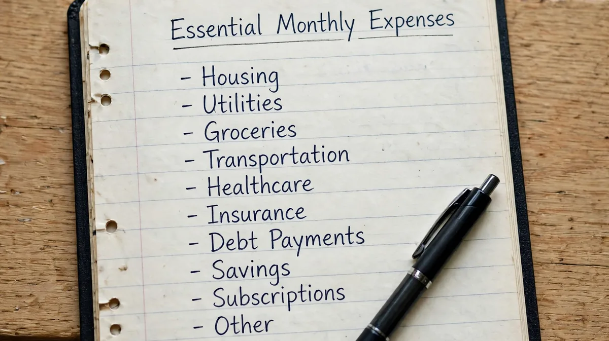 A notebook page showing essential monthly expenses as a list.