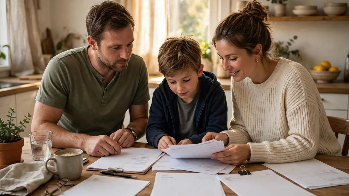 A family reviewing household bills at a kitchen table.