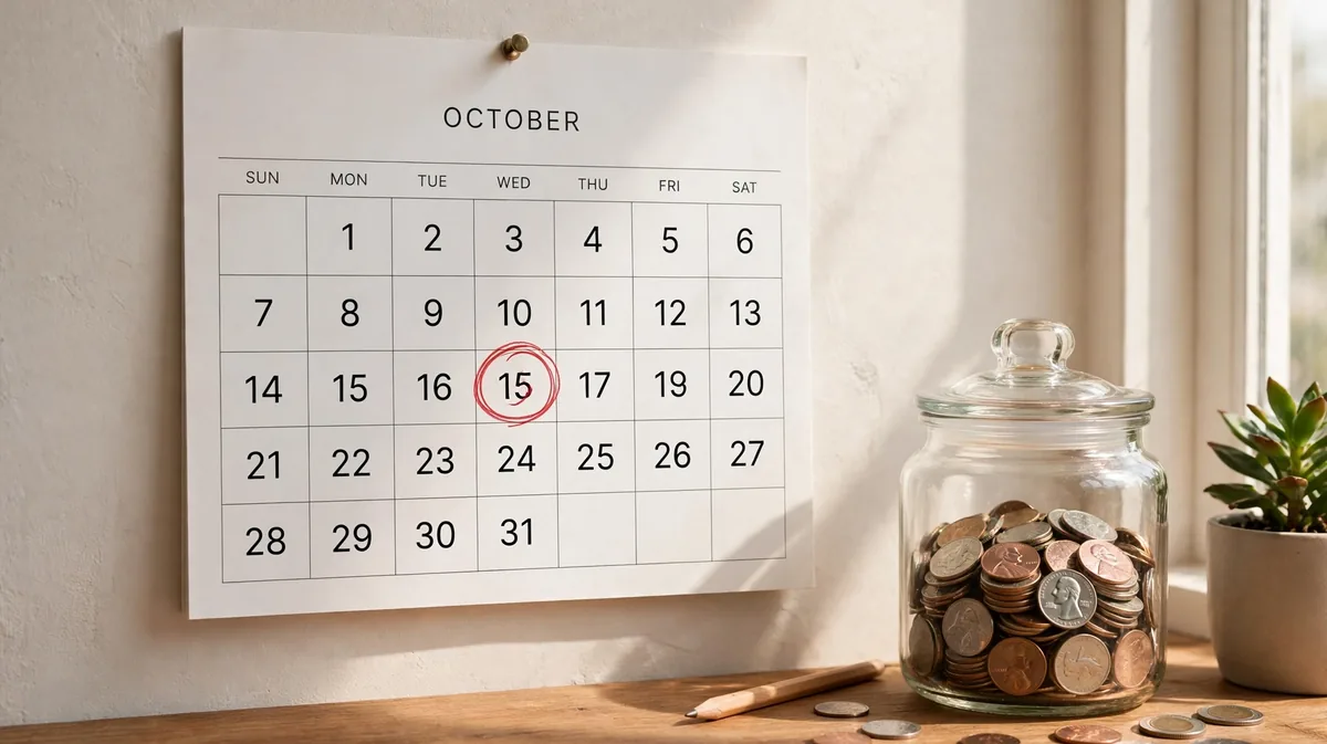 A calendar with payday marked and a coin jar beside it.