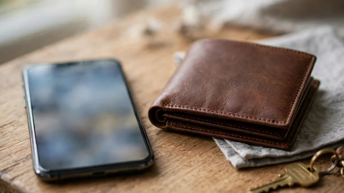 A phone showing a savings account next to a wallet.