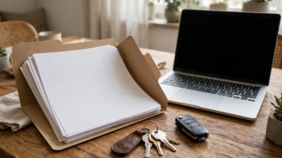 A folder of home documents and a set of house keys on a table beside a laptop with a blank screen