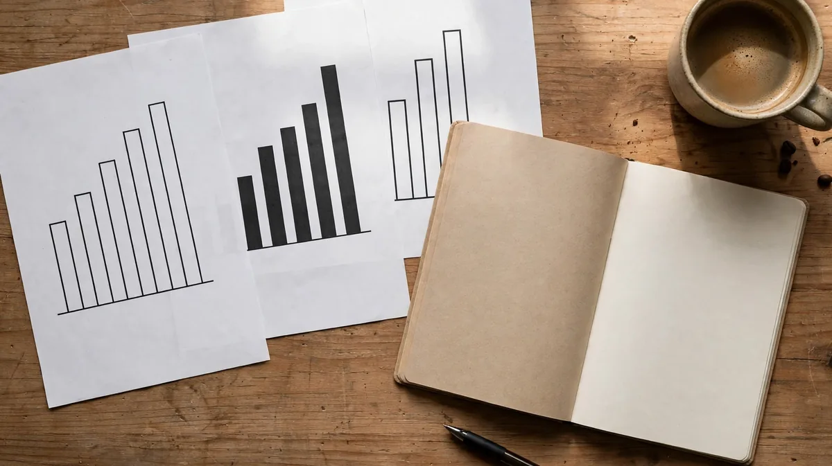 Printed bar charts and an open notebook on a wooden desk viewed from above