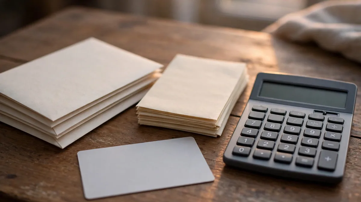 A small stack of household bills and a plain credit card on a desk next to a calculator