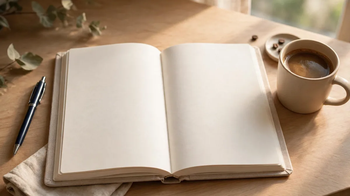An open paper planner on a tidy desk with a pen and a mug of coffee in morning light